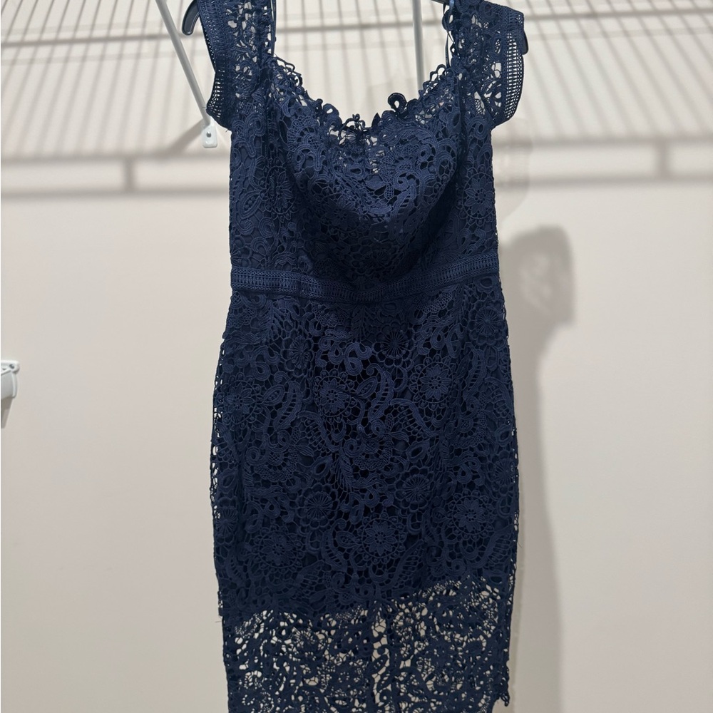 Chi Chi London Off the Shoulder Navy Lace Midi Dress